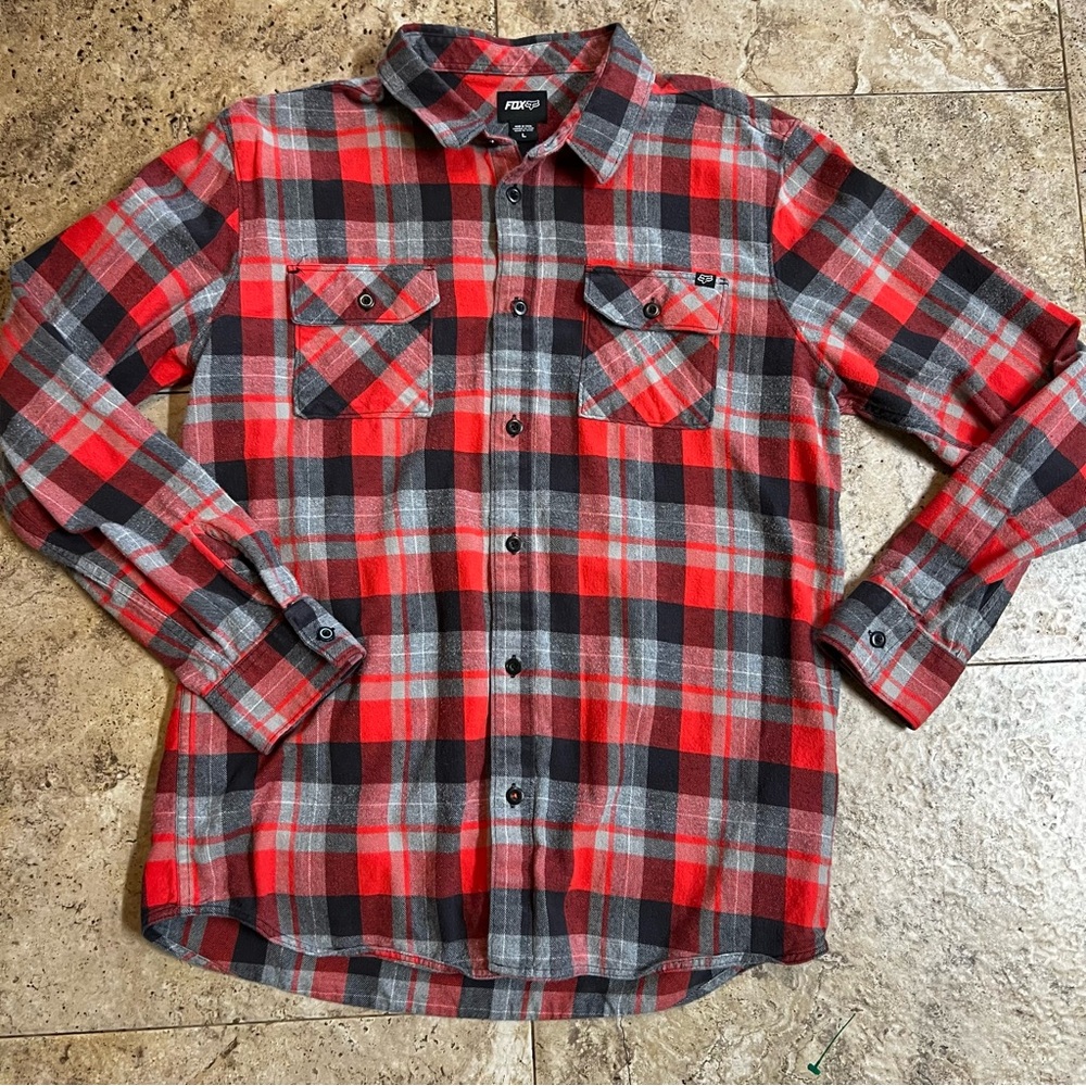 Fox Racing   Mens L Flannel Shirt Black Red Gray Plaid Long Sleeve Shacket